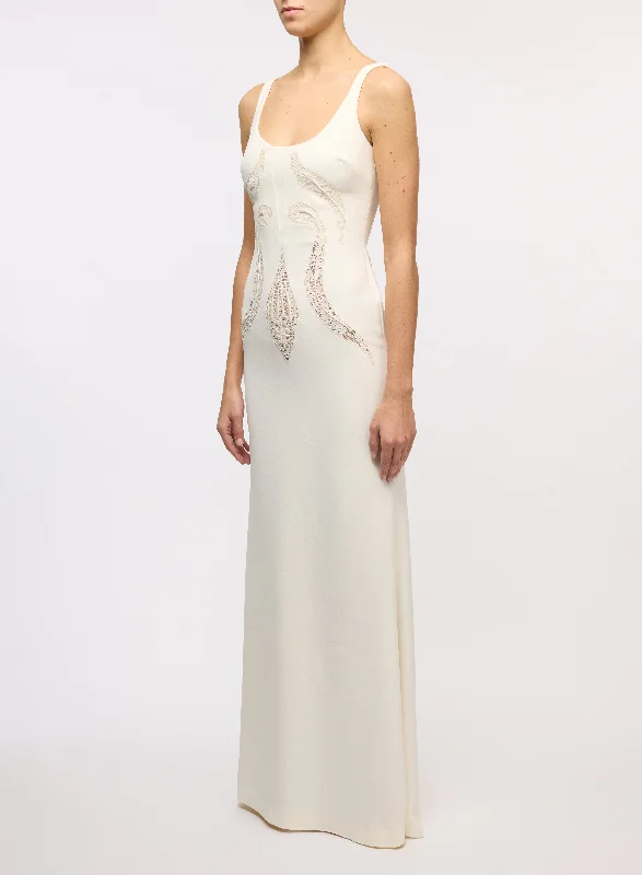 Crepe Long Dress with Lace Inserts