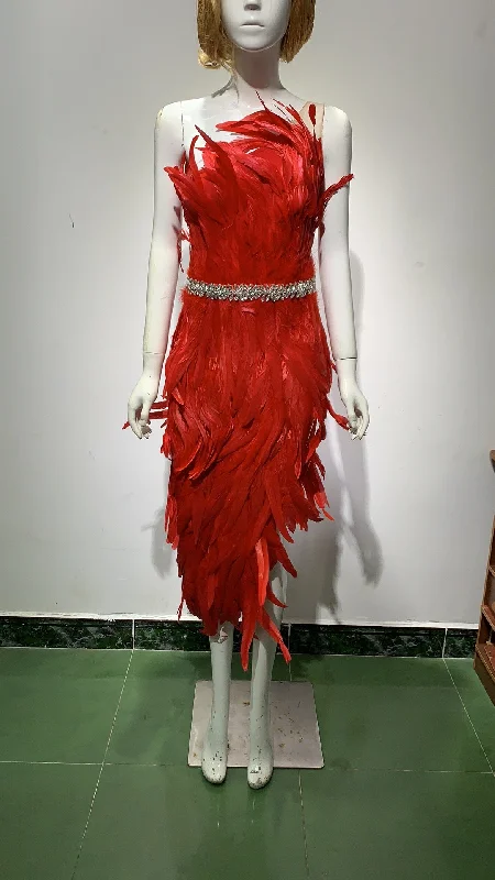 ED2115 Happy New Year Celebrate Festival Red Feathers Beading Excellent Quality Elegant Dress Party