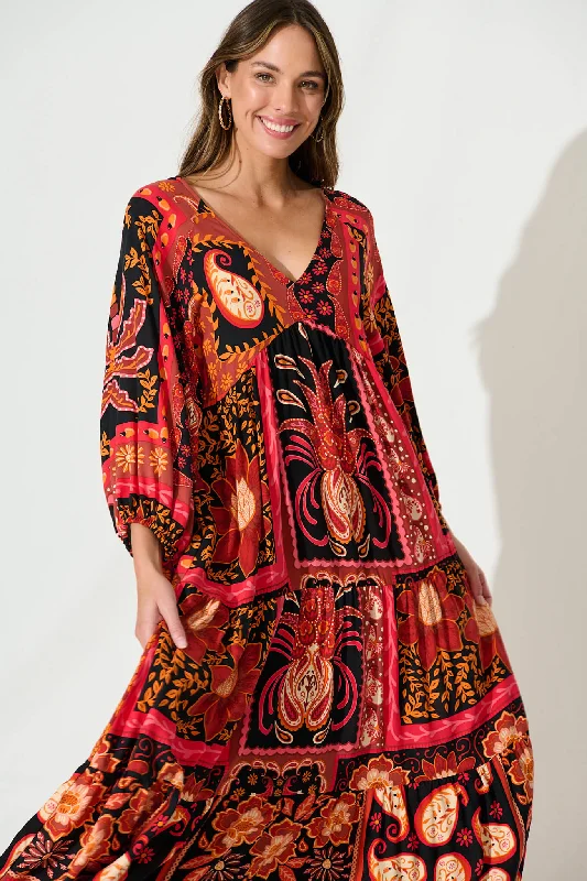 El Mar Maxi Dress In Black With Red Print