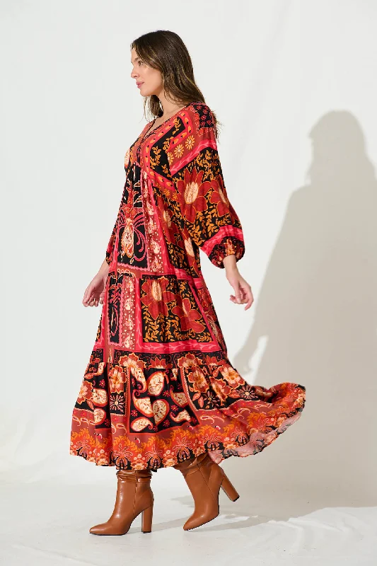 El Mar Maxi Dress In Black With Red Print