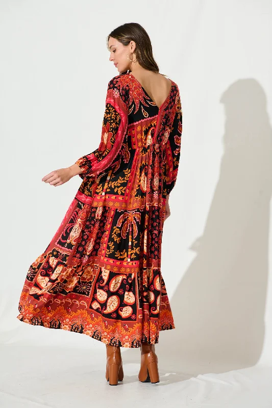 El Mar Maxi Dress In Black With Red Print