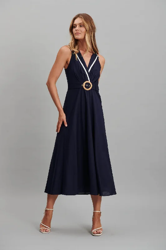 Enchanter Midi Dress In Navy Linen Cotton