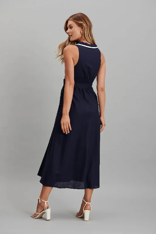 Enchanter Midi Dress In Navy Linen Cotton