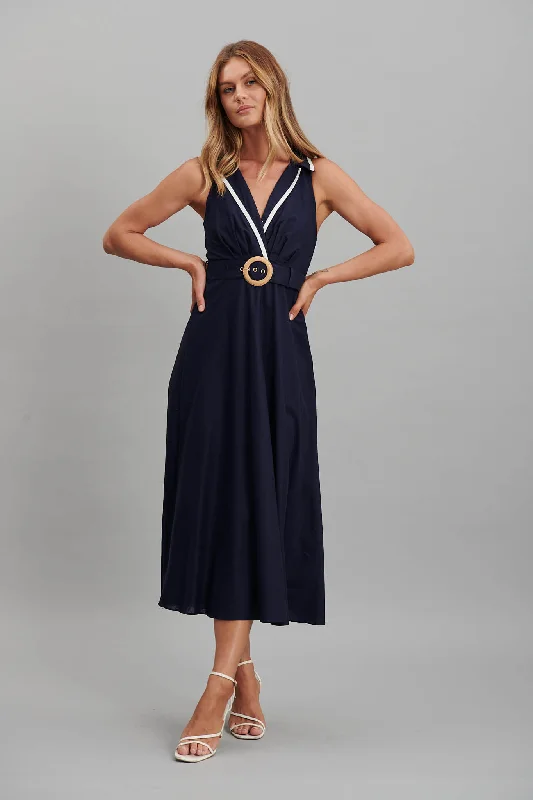 Enchanter Midi Dress In Navy Linen Cotton