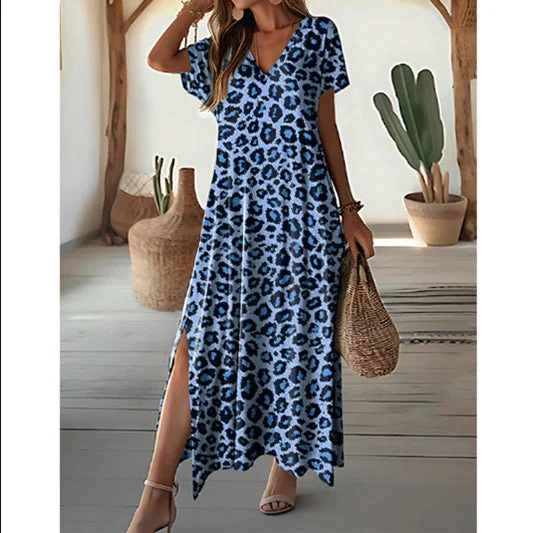 Leisure Loose Printed V-neck Short Sleeve Maxi Dress