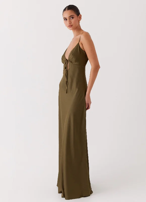 Flora Satin Maxi Dress - Khaki