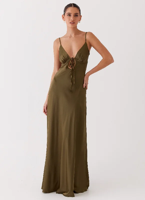 Flora Satin Maxi Dress - Khaki