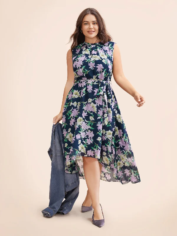 Floral Mock Neck Asymmetrical Hem Dress