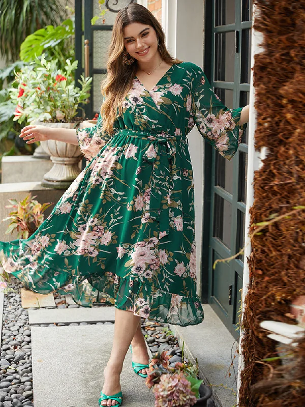 Floral Print Surplice Neck Belted Dress