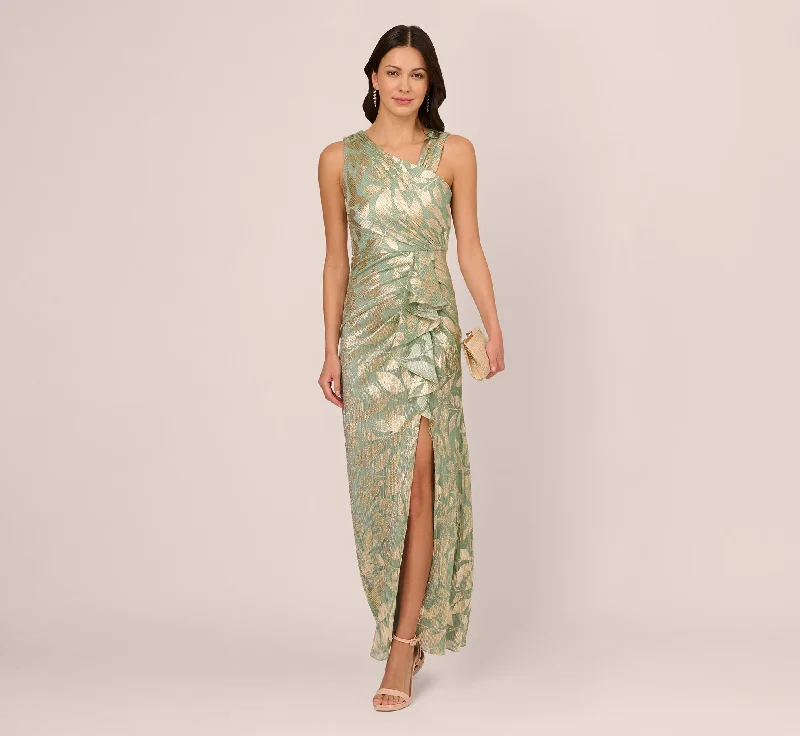 Foil Printed Asymmetric Gown With Ruffled Detail In Sage Gold