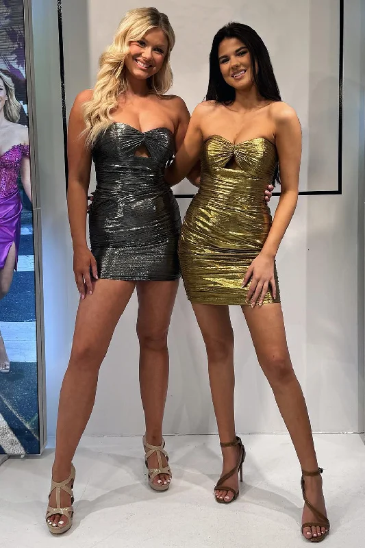 Golden Tight Strapless Keyhole Party Dress