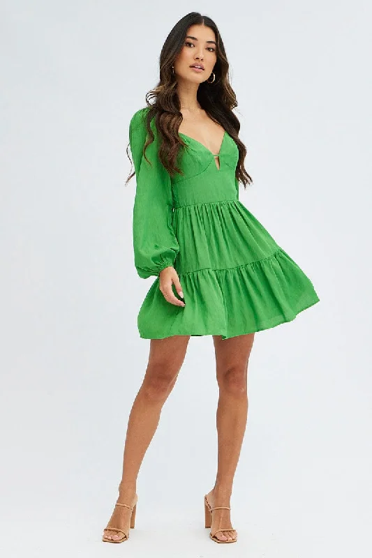 Green Fit And Flare Dress Long Sleeve Mini