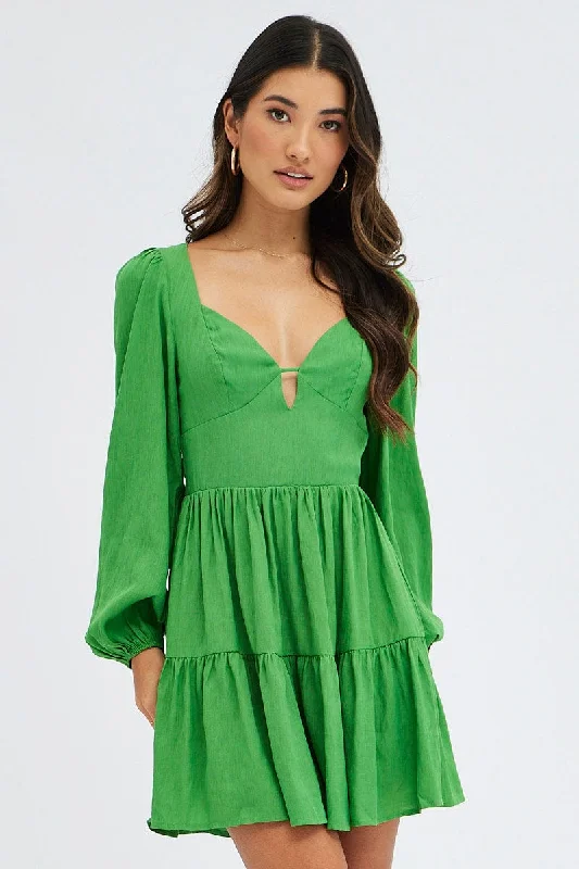 Green Fit And Flare Dress Long Sleeve Mini