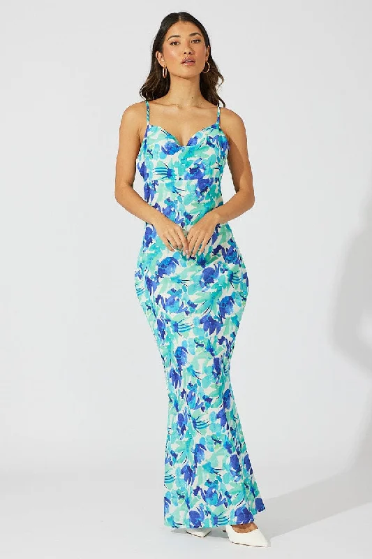 Green Floral Maxi Dress Slip Cami Watercolour Print