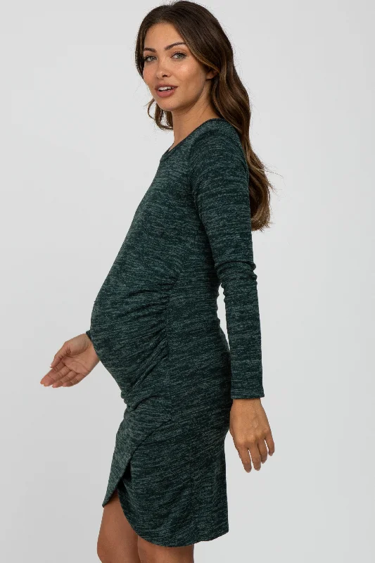 Green Heathered Ruched Tulip Hem Maternity Dress