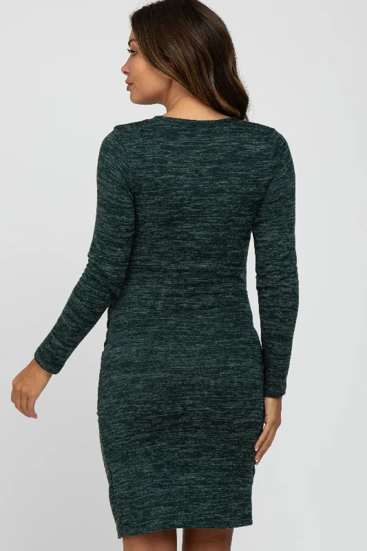 Green Heathered Ruched Tulip Hem Maternity Dress