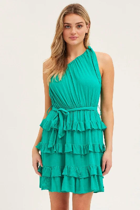 Green Mini Dress One Shoulder Sleeveless