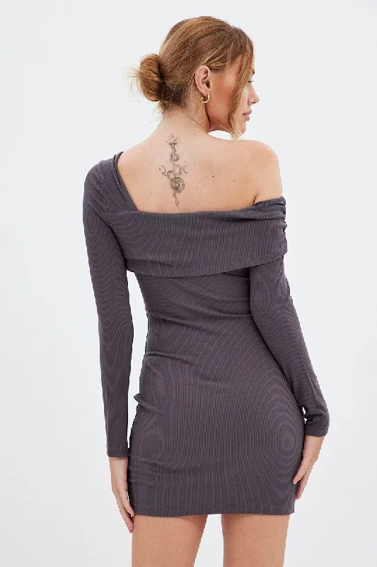 Grey Off Shoulder Dress Ribbed Long Sleeve Mini Bodycon