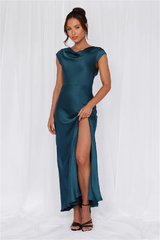 HELLO MOLLY The Valentina Cap Sleeve Satin Maxi Dress Teal