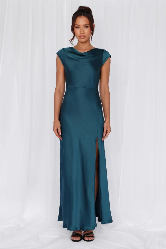 HELLO MOLLY The Valentina Cap Sleeve Satin Maxi Dress Teal