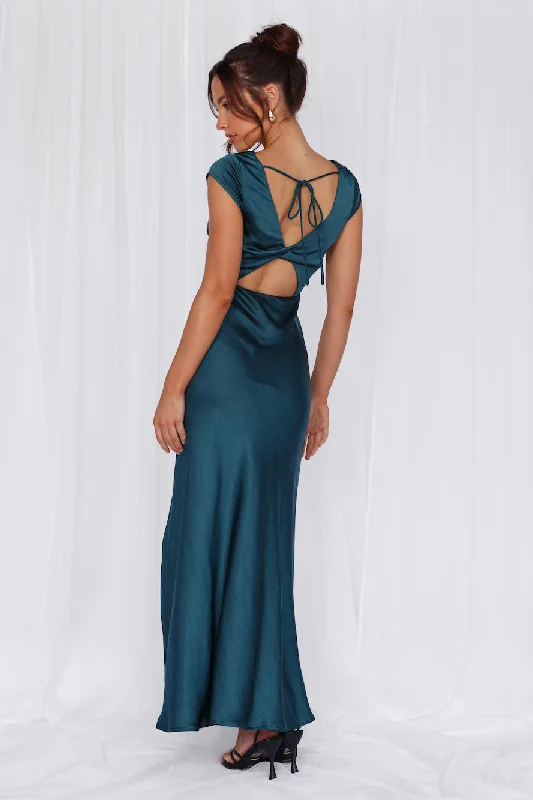 HELLO MOLLY The Valentina Cap Sleeve Satin Maxi Dress Teal