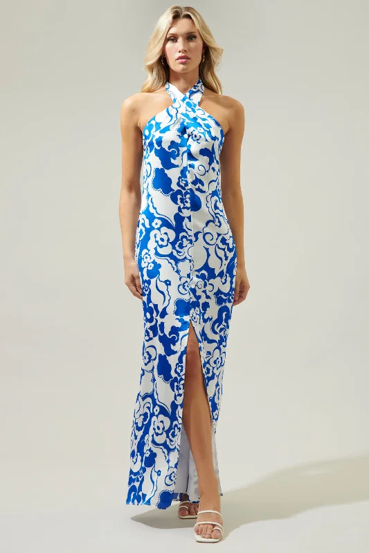 Helsinki Floral Tilda Satin Halter Maxi Dress