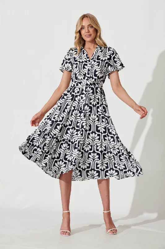 Hill Midi Shirt Dress In Navy With White Print