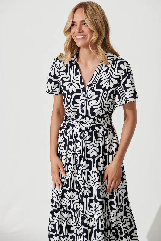 Hill Midi Shirt Dress In Navy With White Print