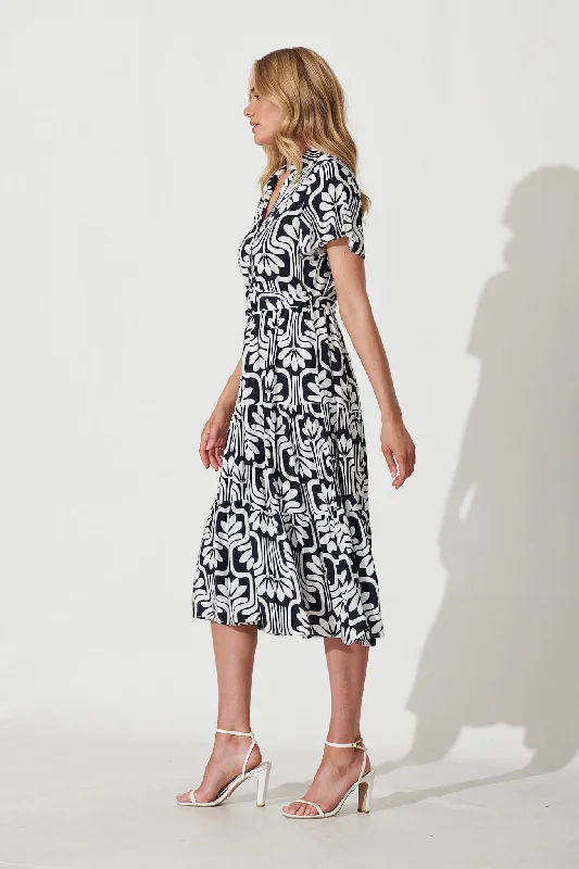 Hill Midi Shirt Dress In Navy With White Print