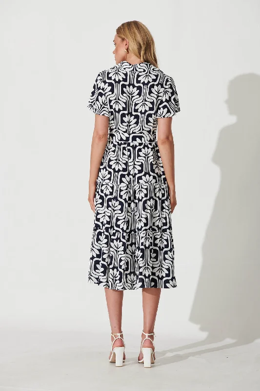 Hill Midi Shirt Dress In Navy With White Print