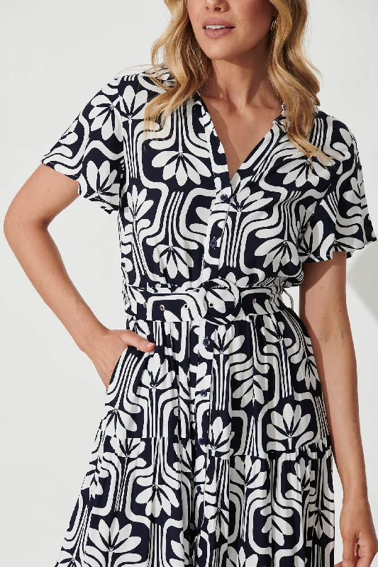 Hill Midi Shirt Dress In Navy With White Print