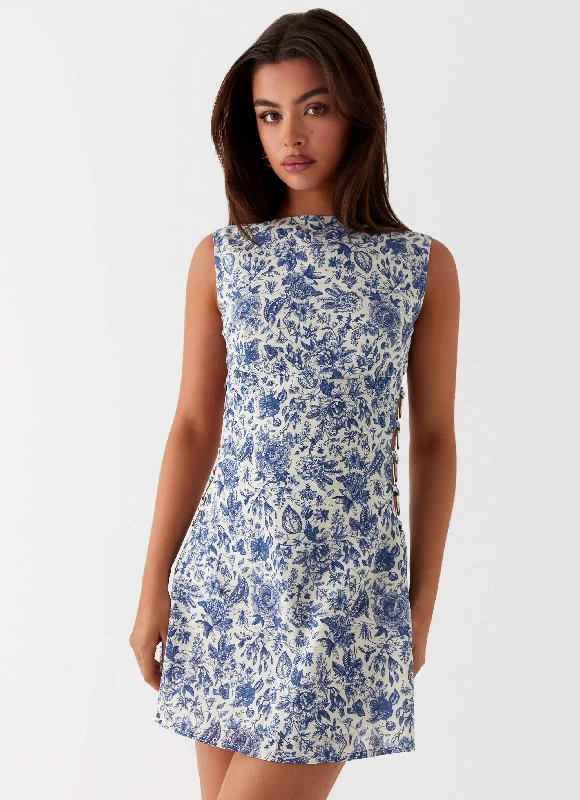 Indigo Bloom Linen Mini Dress - Blue Paisley