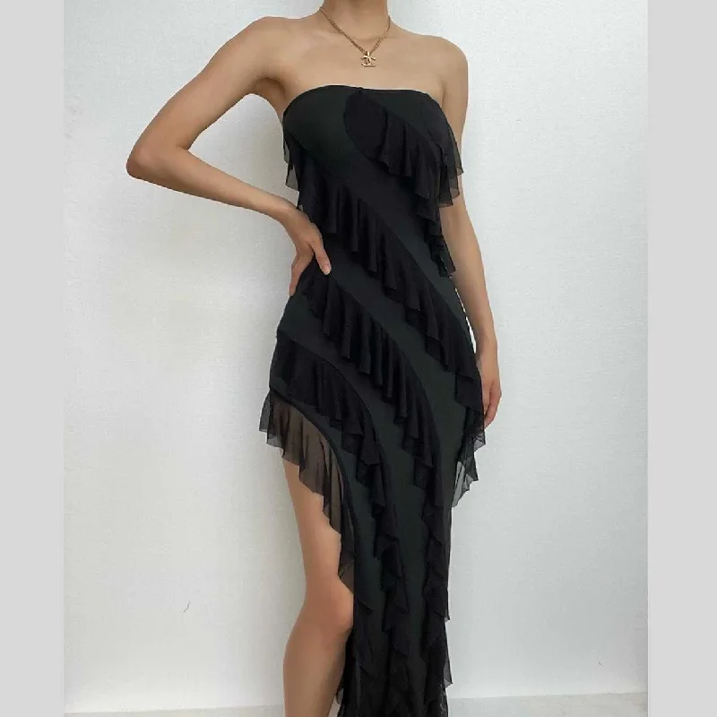 BerryBetty - Irregular backless solid ruffle slit tube midi dress