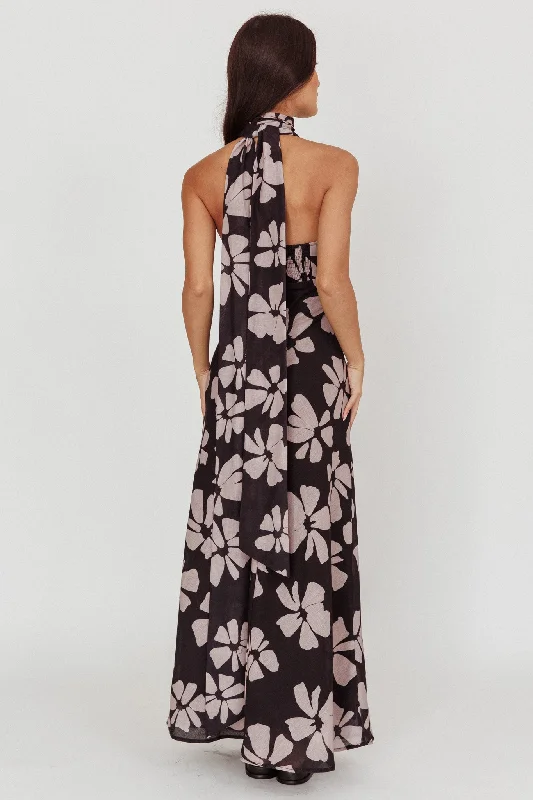 Italia Azure Halterneck Floral Maxi Dress Black