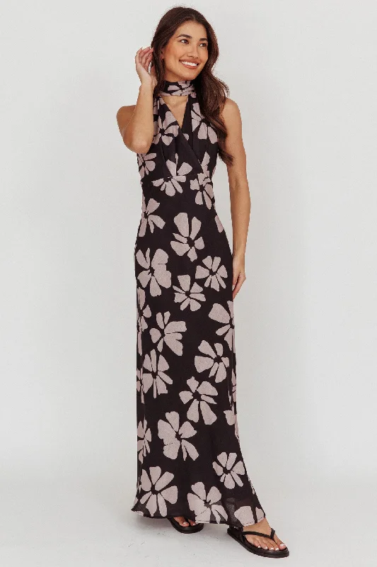 Italia Azure Halterneck Floral Maxi Dress Black