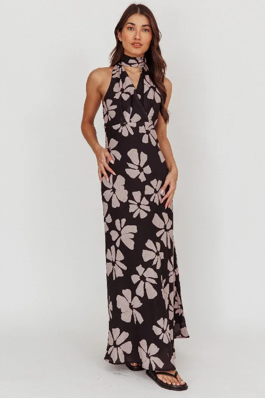 Italia Azure Halterneck Floral Maxi Dress Black