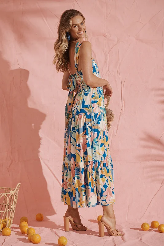 Izabel Maxi Sun Dress In Cobalt With Multi Floral