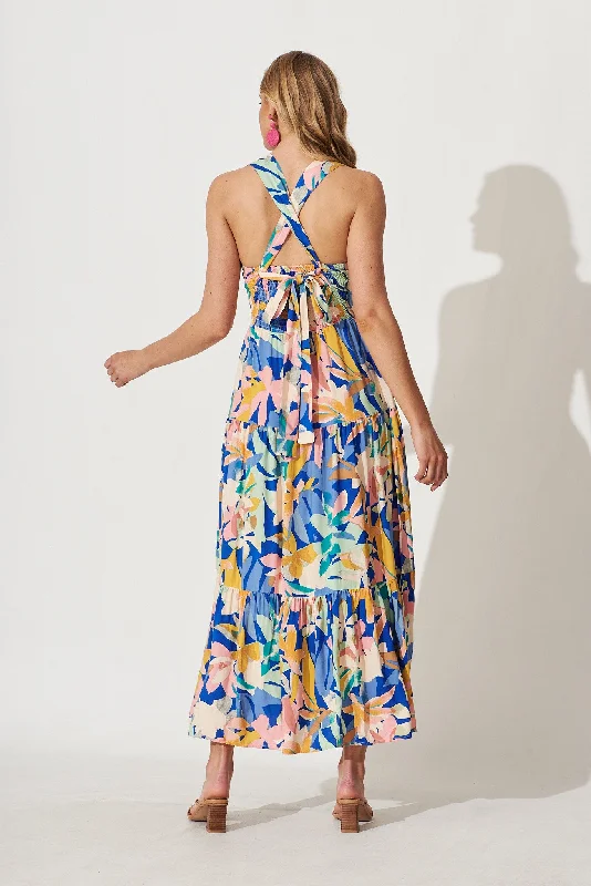 Izabel Maxi Sun Dress In Cobalt With Multi Floral