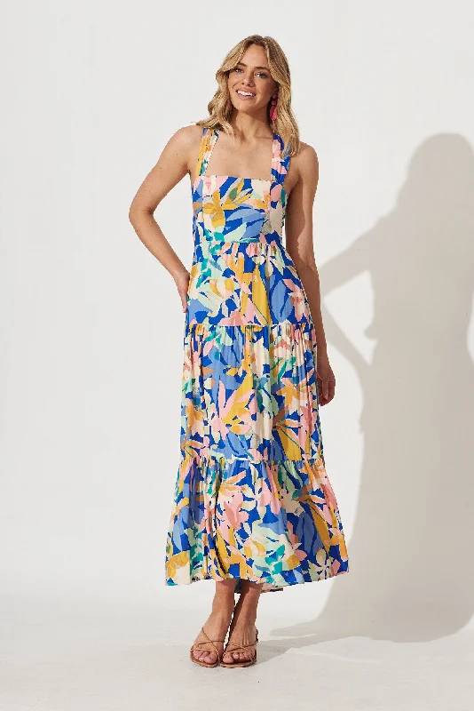 Izabel Maxi Sun Dress In Cobalt With Multi Floral