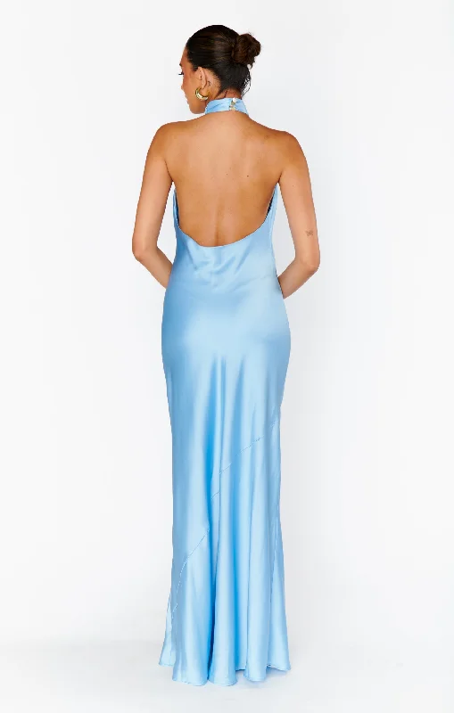 Jasmine Halter Maxi Dress ~ Baby Blue Luxe Satin