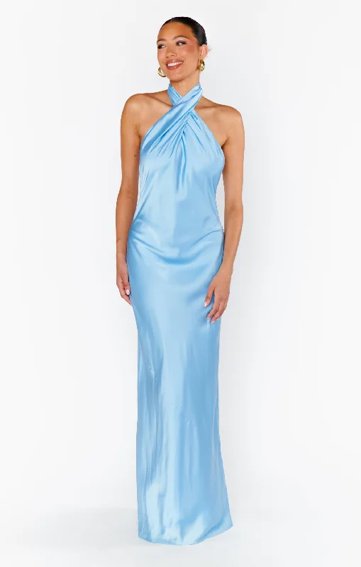 Jasmine Halter Maxi Dress ~ Baby Blue Luxe Satin