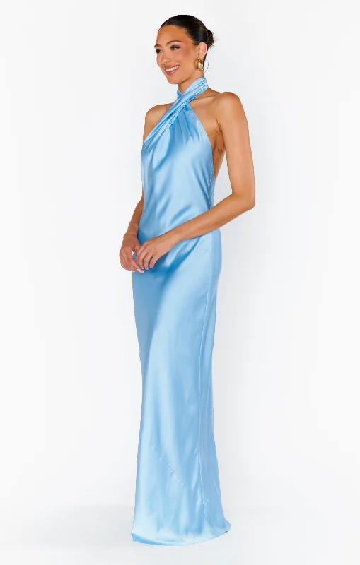 Jasmine Halter Maxi Dress ~ Baby Blue Luxe Satin