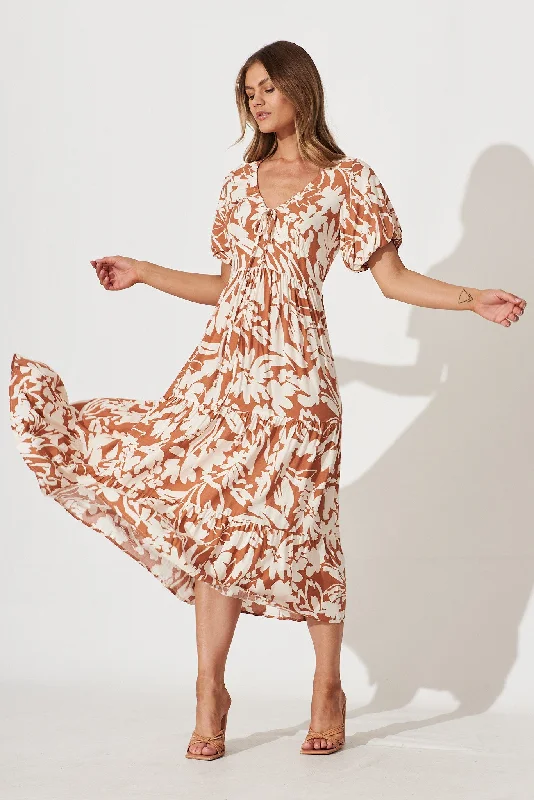 Julia Midi Dress In Brown With Cream Floral Print