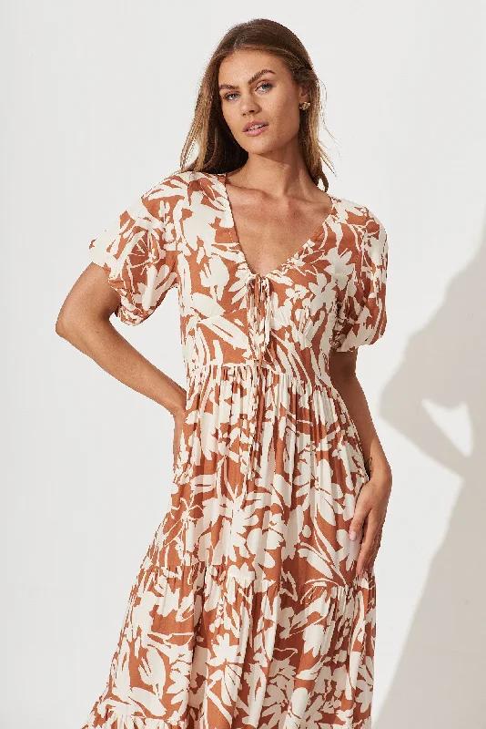 Julia Midi Dress In Brown With Cream Floral Print