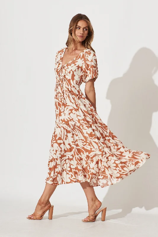 Julia Midi Dress In Brown With Cream Floral Print