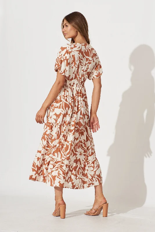 Julia Midi Dress In Brown With Cream Floral Print