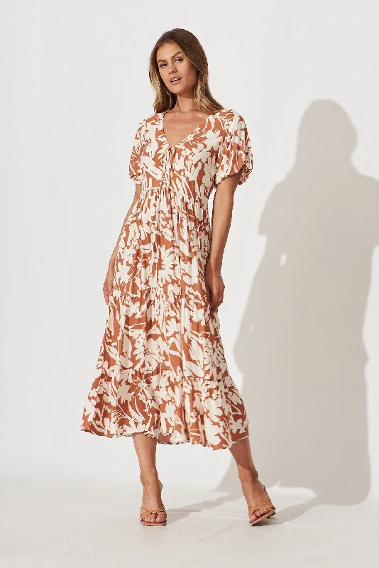 Julia Midi Dress In Brown With Cream Floral Print