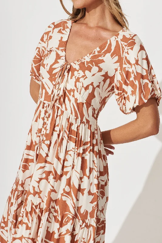 Julia Midi Dress In Brown With Cream Floral Print