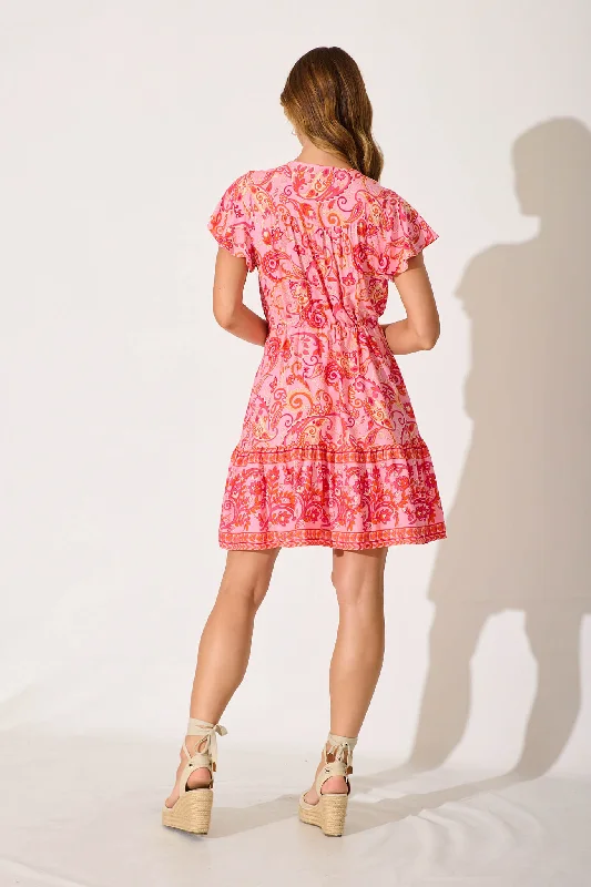 Kimbra Smock Dress In Pink Multi Border Print