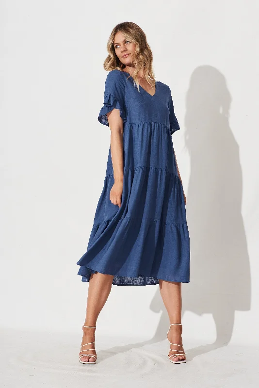 Kristen Midi Dress In Blue Linen Blend